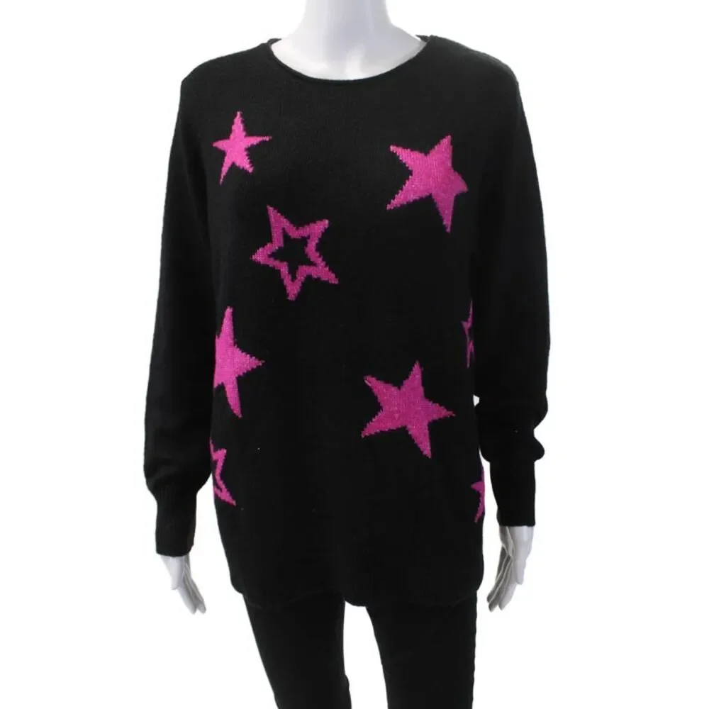 Renuar Womens Long Sleeve Geometric Oversized Pullover Sweater Black Size M
